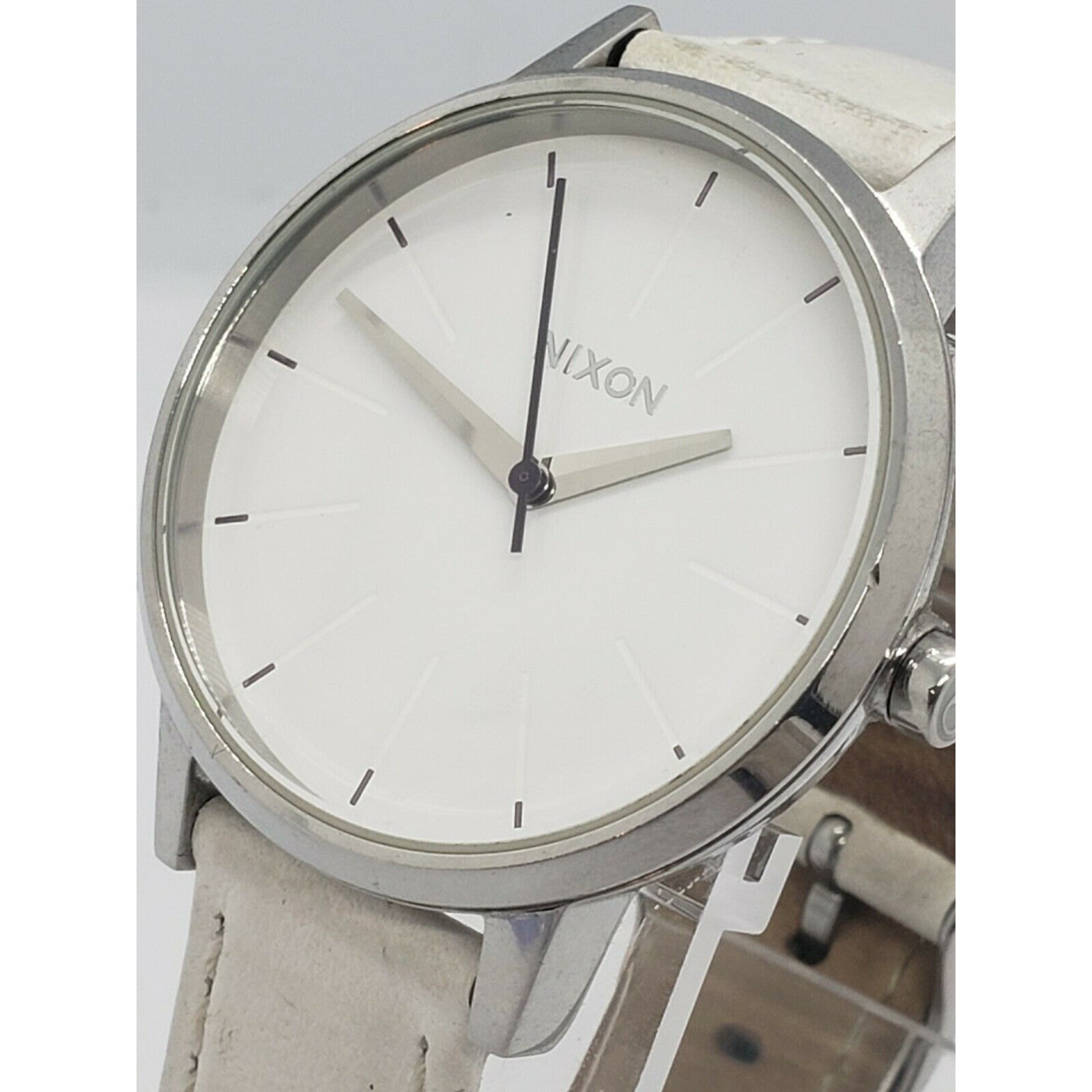 Nixon Moving Out Kengsington Silver Tone Steel Watch with White Leather Band