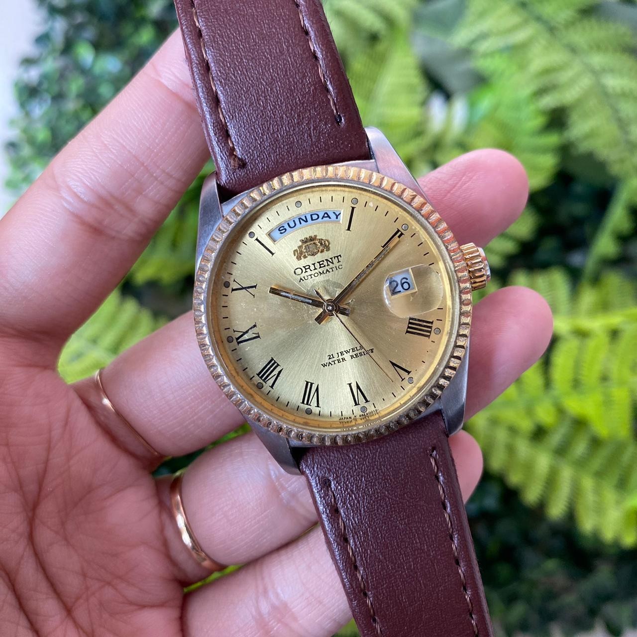Rare Orient President Automatic Gold Dial Roman Index Day Date Vintage Watch Men