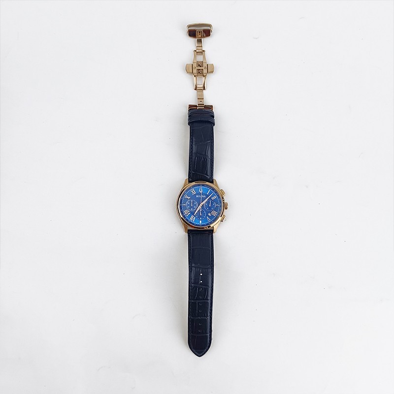 Bulova Wilton Blue Gold 97B170 Quartz & Chronograph Men’s Leather Watch 46.5mm