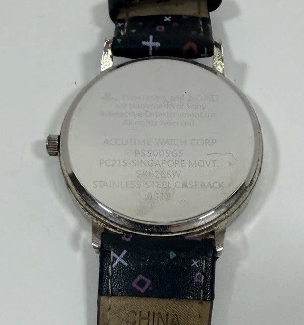 SONY PLAYSTATION LOGO QUARTZ WATCH WITH BLACK FAUX LEATHER STRAP NEEDS BATTERY