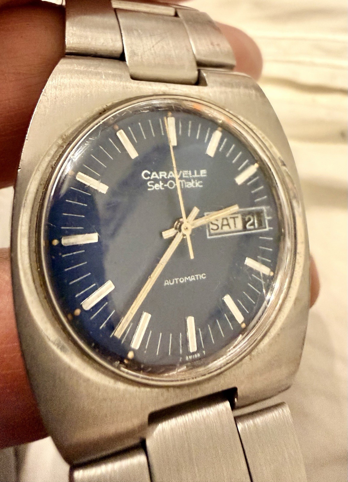 Vintage Caravelle Set-O-Matic Automatic 17J Day Date Blue Dial Men’s Watch Runs