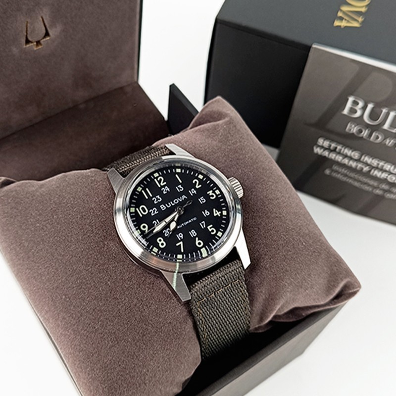 Bulova VWI Special Black Dial Green Nylon 96A259 Men Automatic Watch 39mm