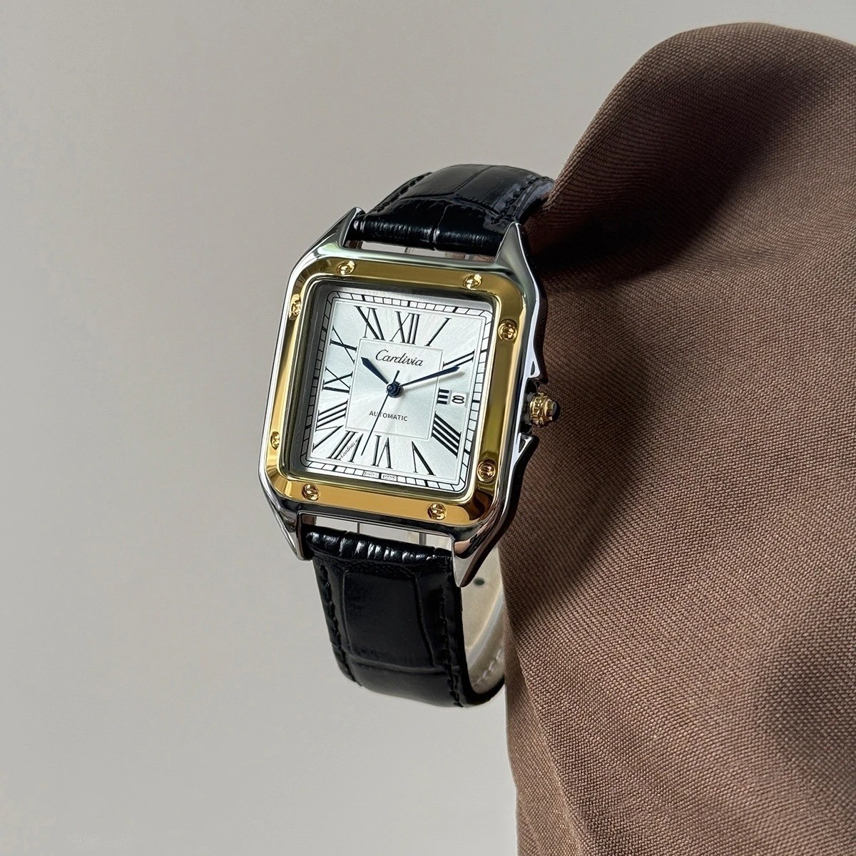 Men’s Square Roman Numeral Quartz Watch, Luxury Stainless Steel Case, Black Leat