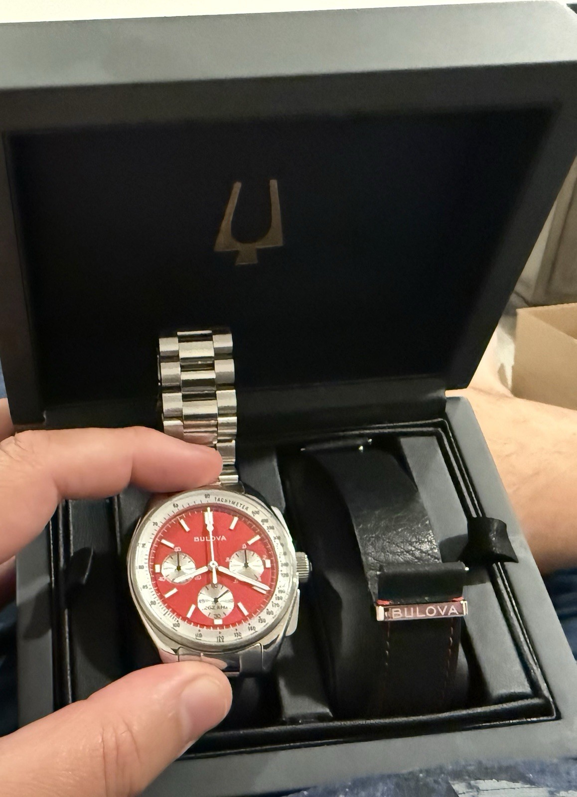 Bulova Lunar Pilot Red Dial Quartz Chronograph 43mm Tachymeter NASA Box