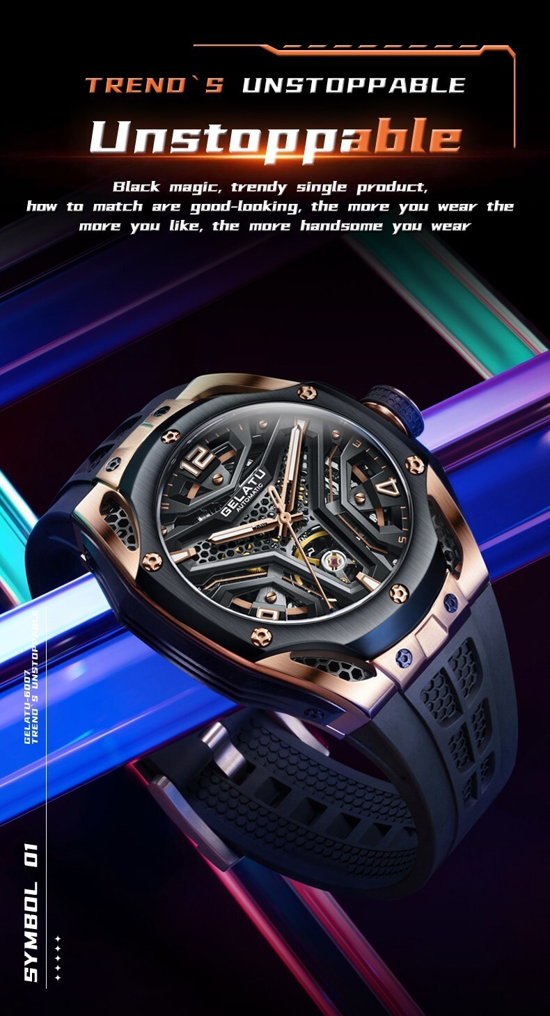 GELATU Men’s Skeleton Sport Automatic Mechanical Watch 5ATM Luminous Wristwatch