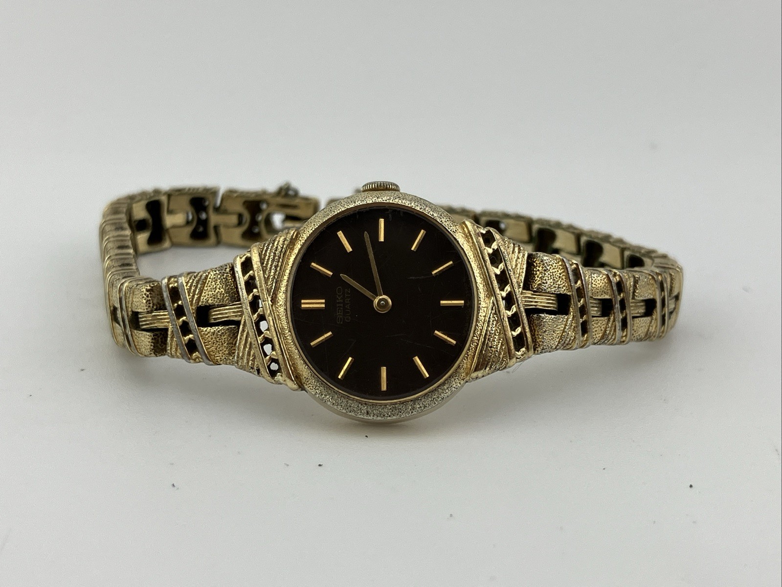 Vtg Seiko Ladies 20mm Watch Gold Tone Dark Brown Dial 6″ 1400-6960 -RUNS