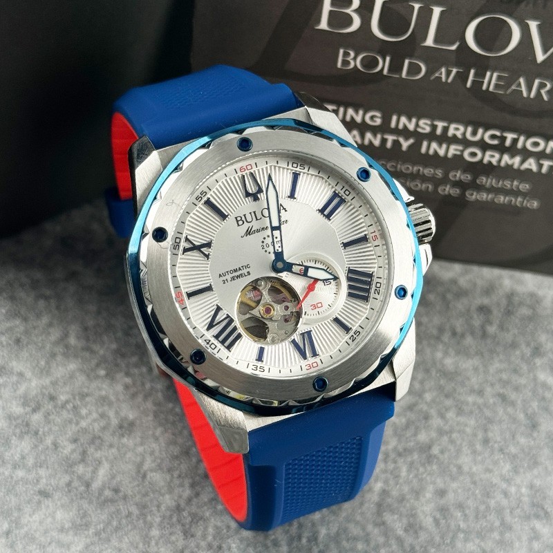 Bulova Marine Star 98A225 Automatic Men’s Watch White Dial Blue Rubber Strap