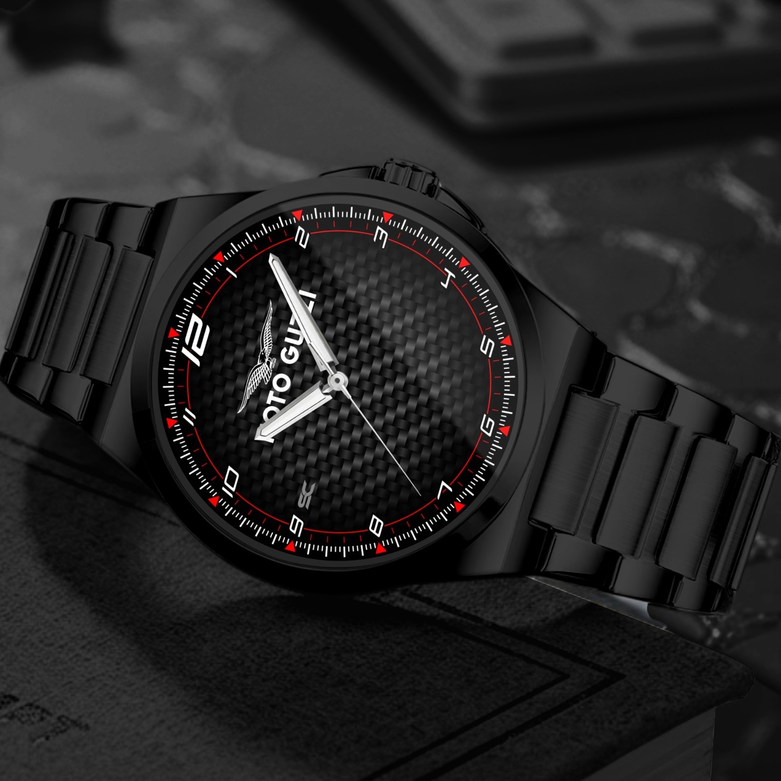 Black Steel Fan Art Moto Guzzi GT Carbon Look Sport Bikers Wrist Watch