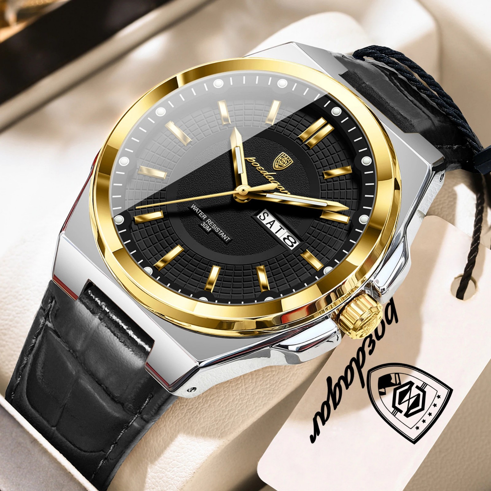 POEDAGAR Men’s Watch Waterproof Luminous Date Week Quartz Leather Business Watch