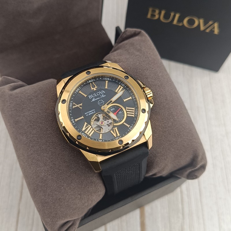Bulova Marine Star A Automatic Black Gold Dial Black Strap Men Watch 45mm 98A272