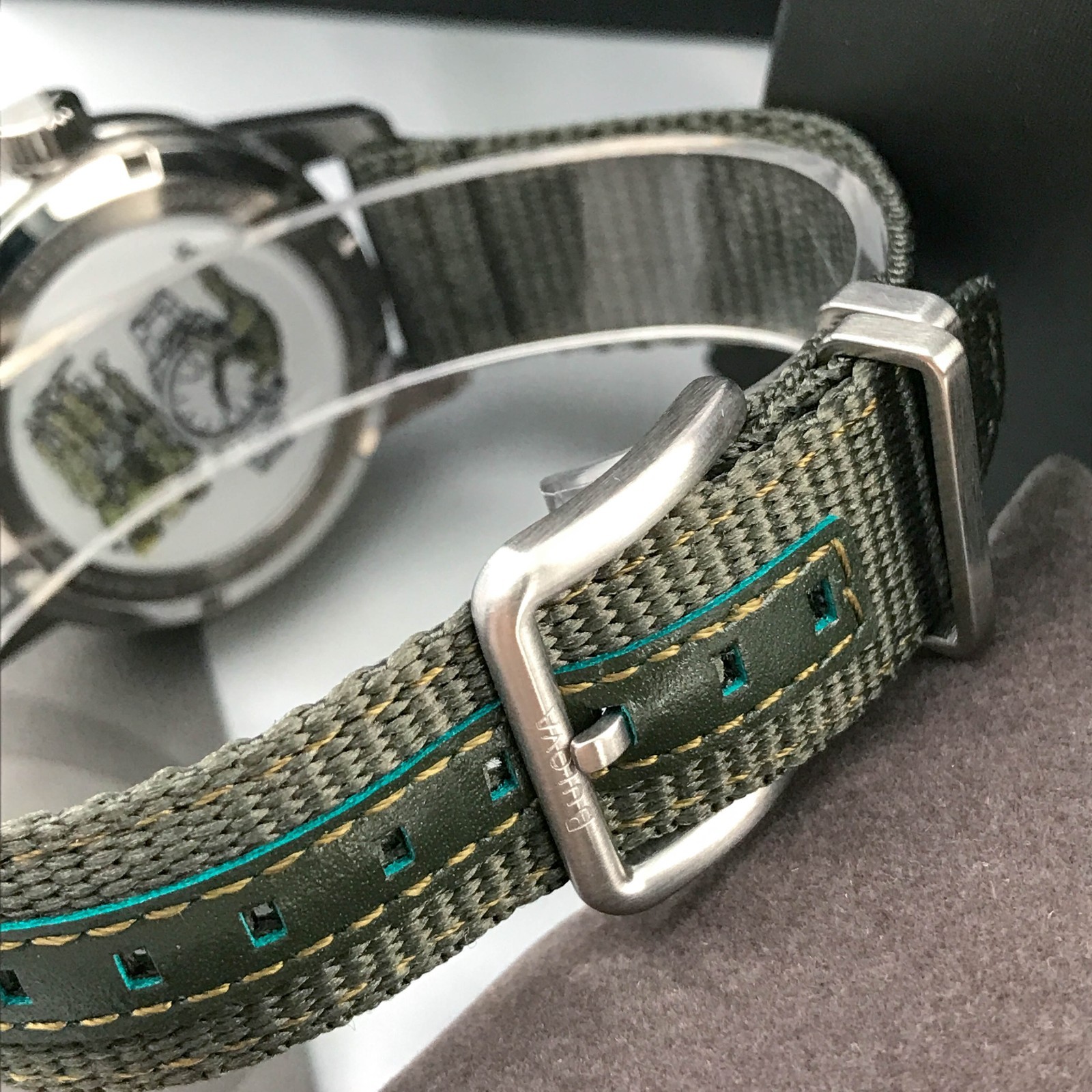 Bulova Special Edition 96A259 Hack Black Dial 38MM Green Fabric Strap Mens Watch