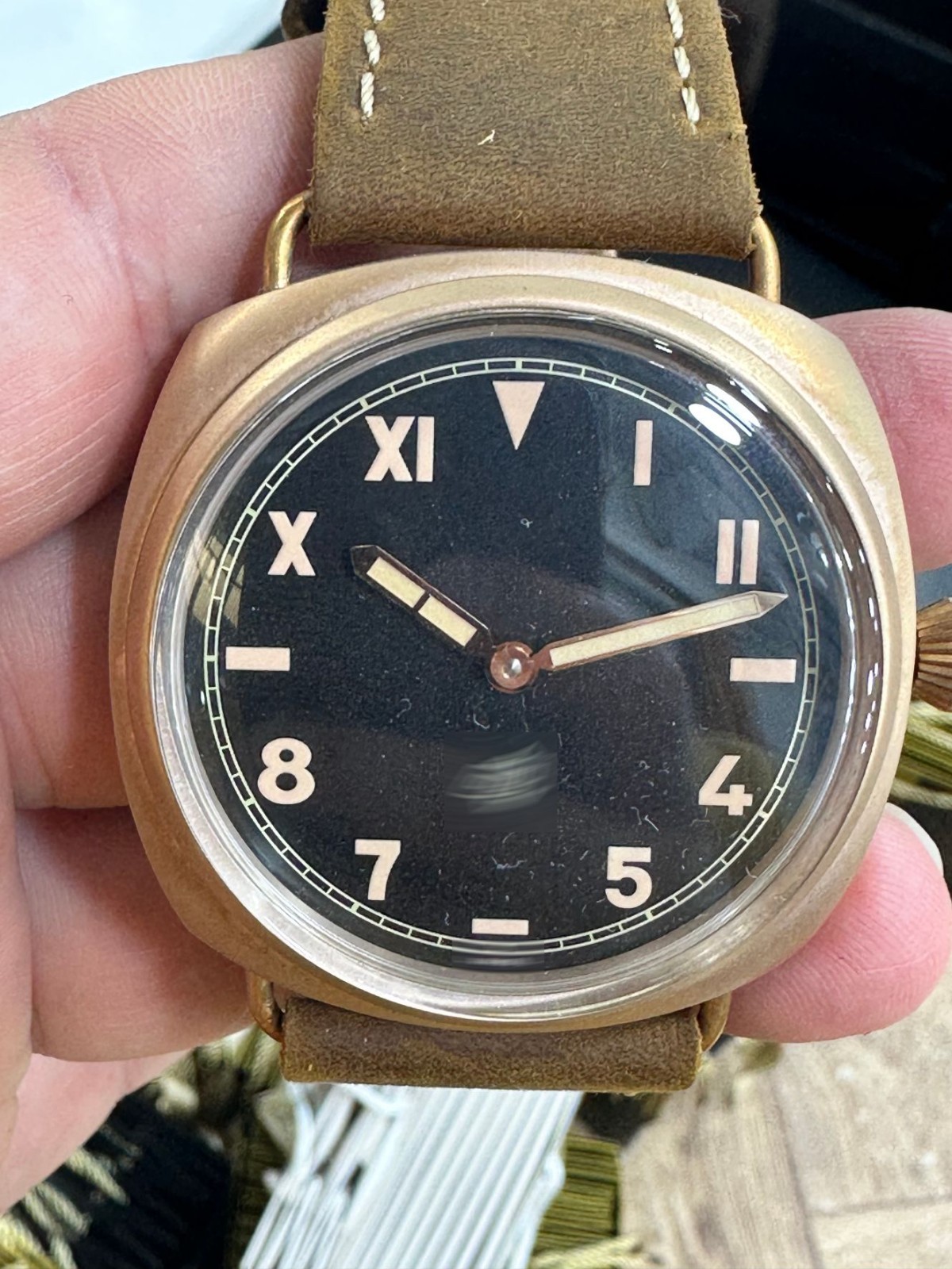 44mm Manual Wind Mechanical Watch Bronze Case Black Dial Suede Strap New