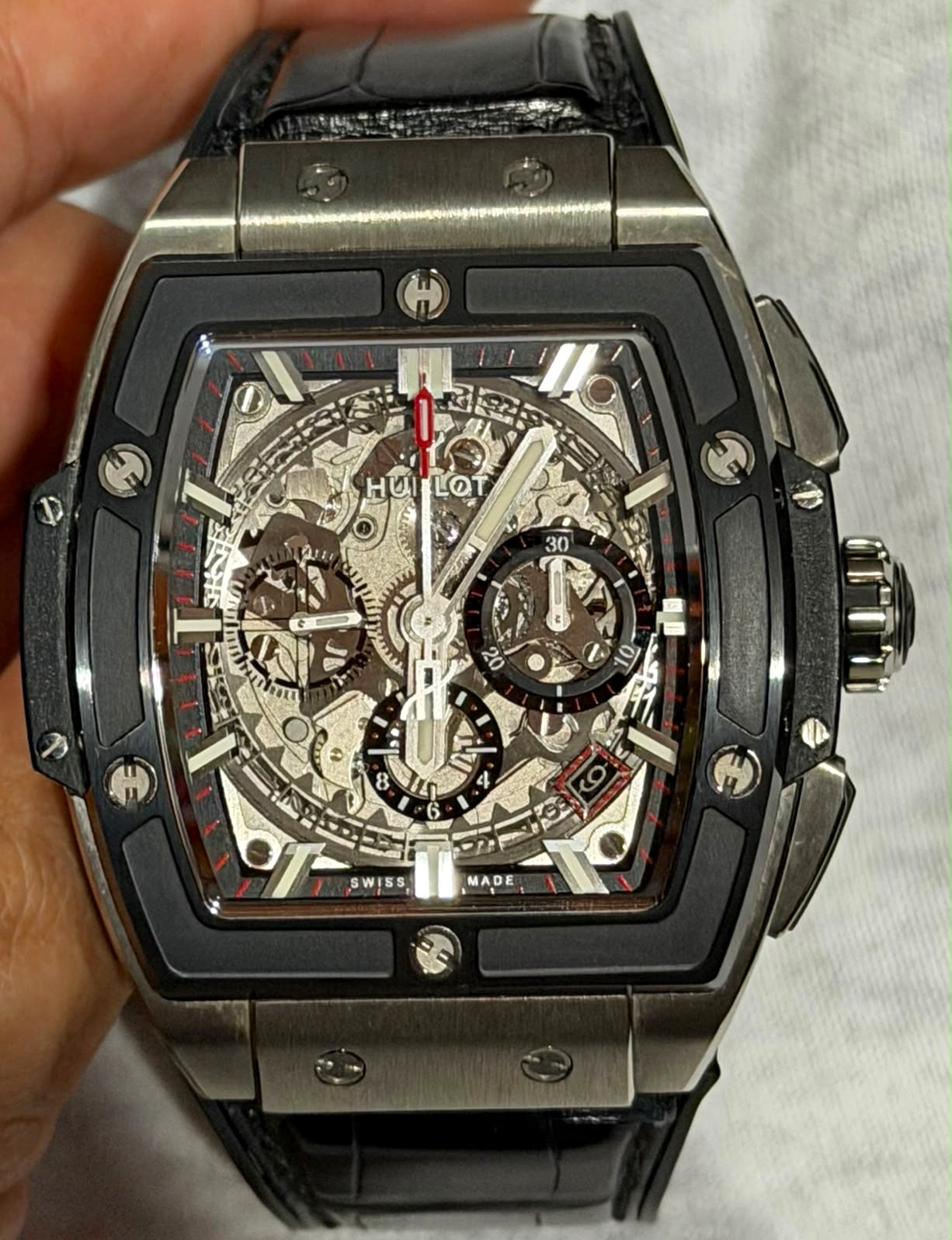Hublot Spirit of Big Bang Skeleton Dial Chronograph Auto Black Leather Strap