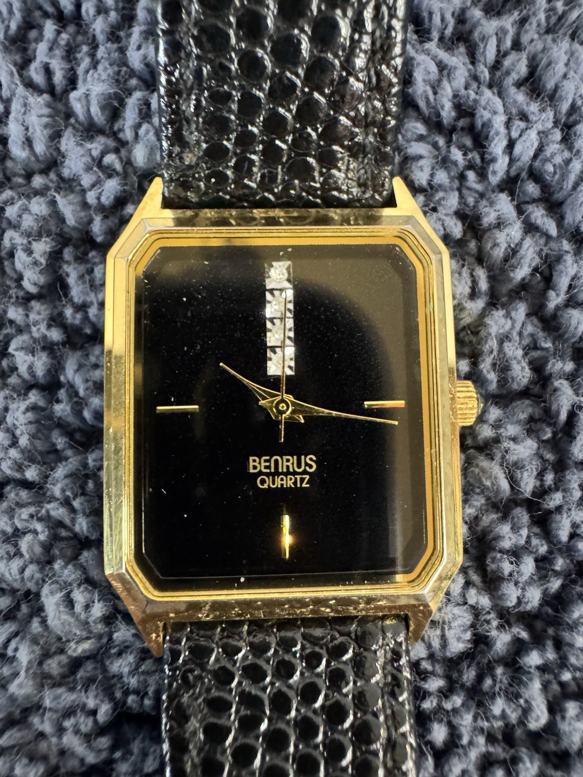 Vintage Benrus Diamond Tank Dress Watch Black Leather Band & Dial Gold Tone