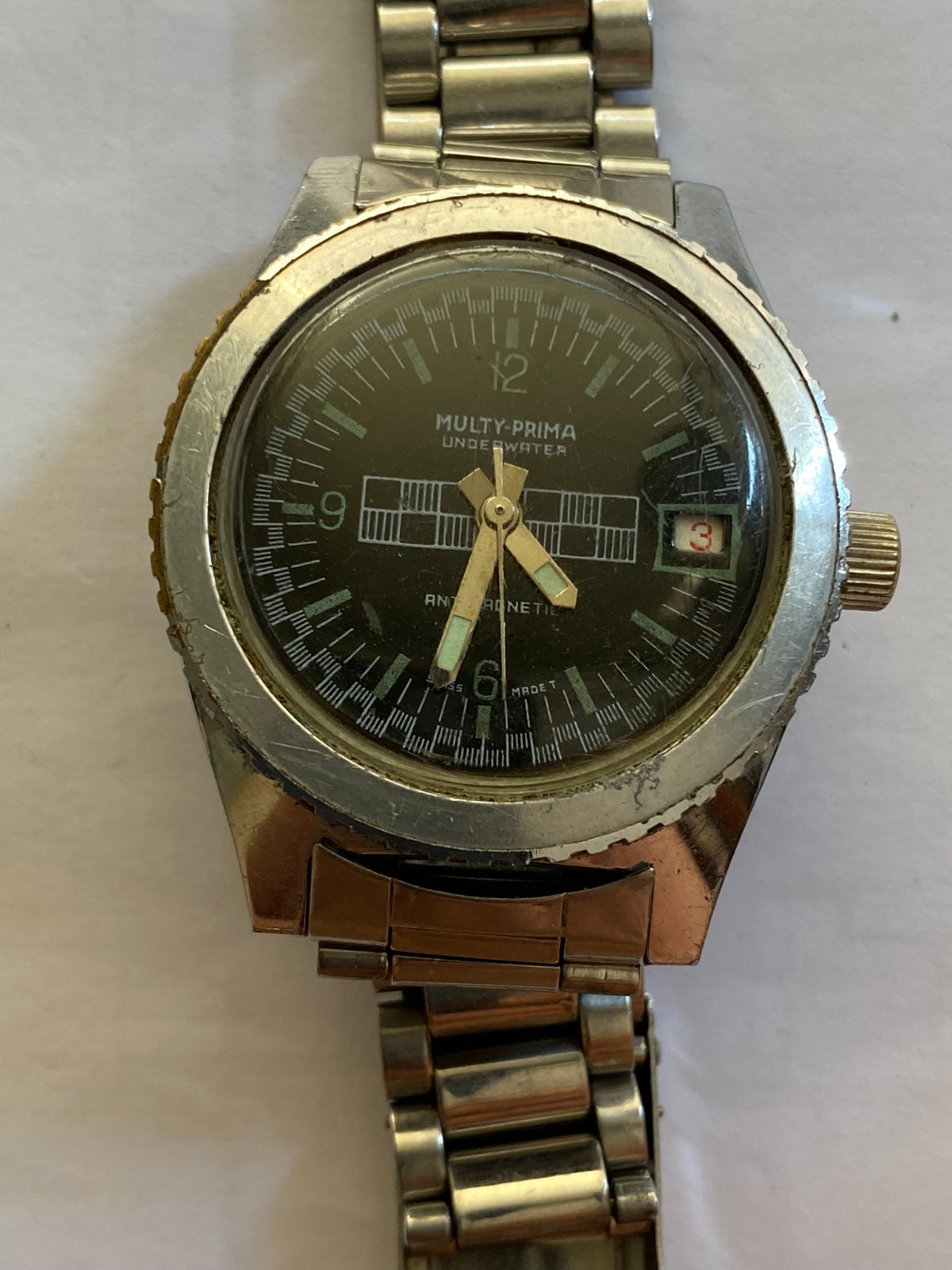 Vintage 1960s-1970s Multy-Prima 37mm Underwater diver watch. Swiss Made.