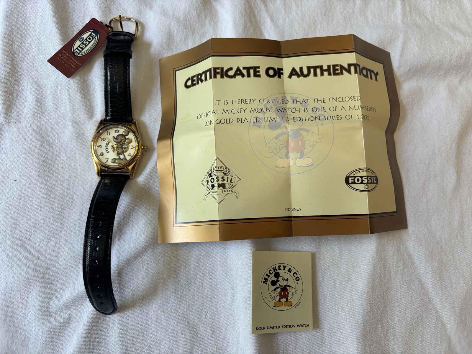 Fossil Mickey Mouse Limited Edition Gold Watch & collectible wood toy. *New