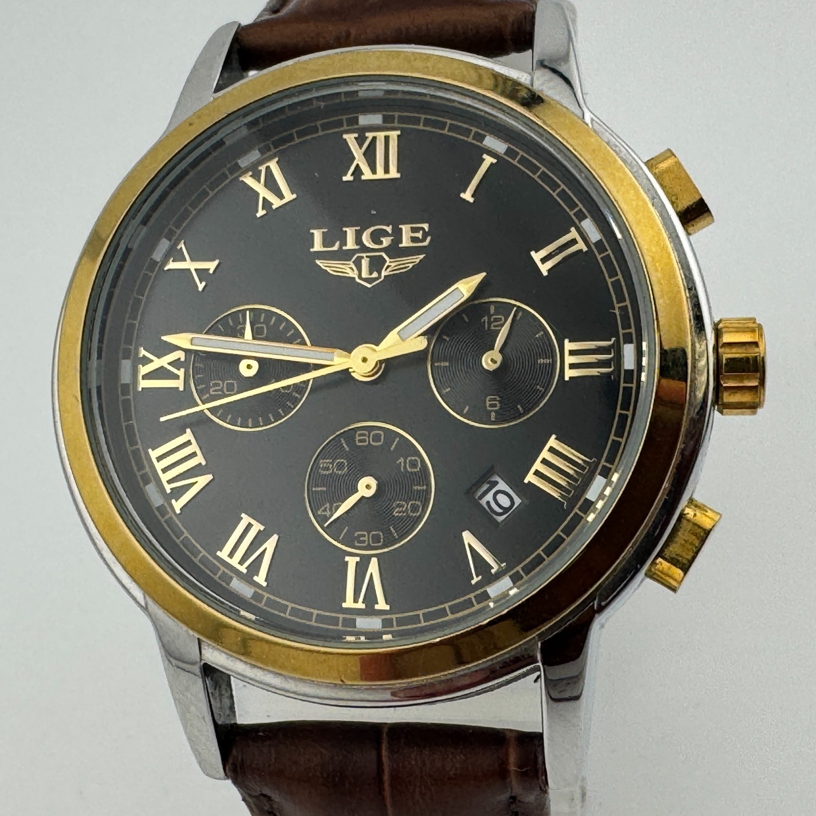 LIGE Quartz Watch FS5022 Men Dream Dual Tone Steel Chronograph Date New Battery