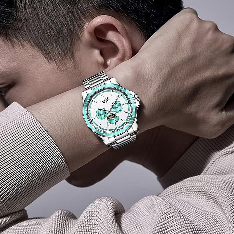 LIGE Men’s Silver Aqua Quartz Watch Stainless Steel Date Day Subdial