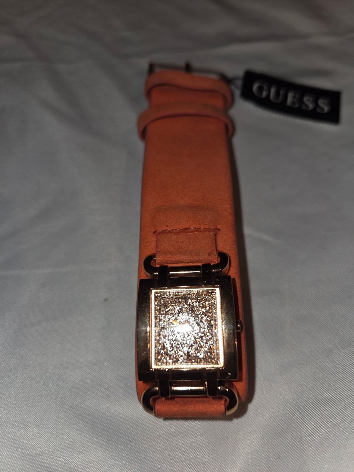 Guess Ladies Rose Gold Tone Glitz Dial Watch with Orange Suede Leather Strap U01