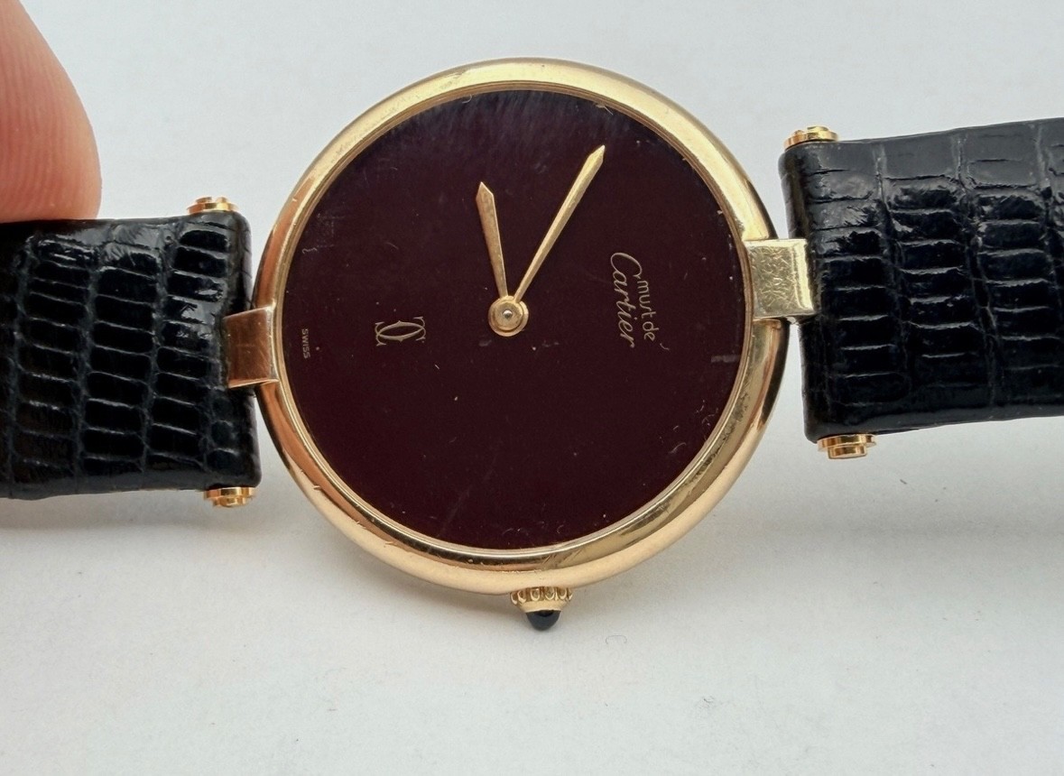 Cartier must de Cartier Original Maroon Burgundy Dial 18K Gold Plated 30mm WORKS