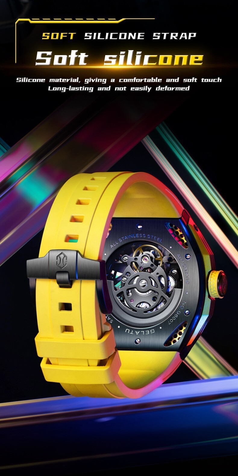 GELATU Men’s Skeleton Sport Automatic Mechanical Watch 5ATM Luminous Wristwatch