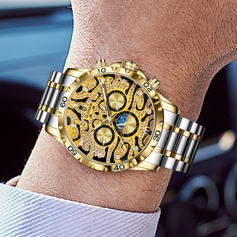 GLENAW Tiger dial rhinestone scale gold 12-hour week mechanical men’s watch
