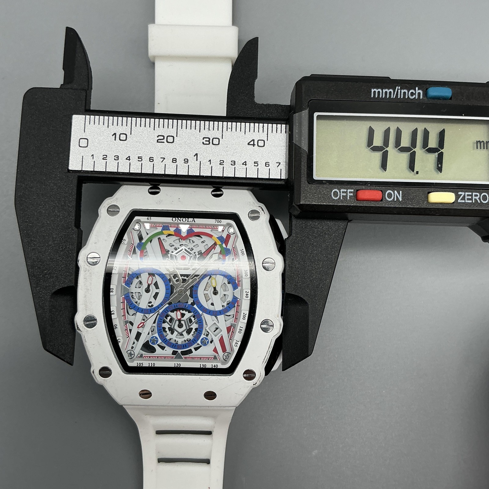 ONOLA Skeleton Mens Watch 44mm White Multicolor Tonneau Silicone New Battery