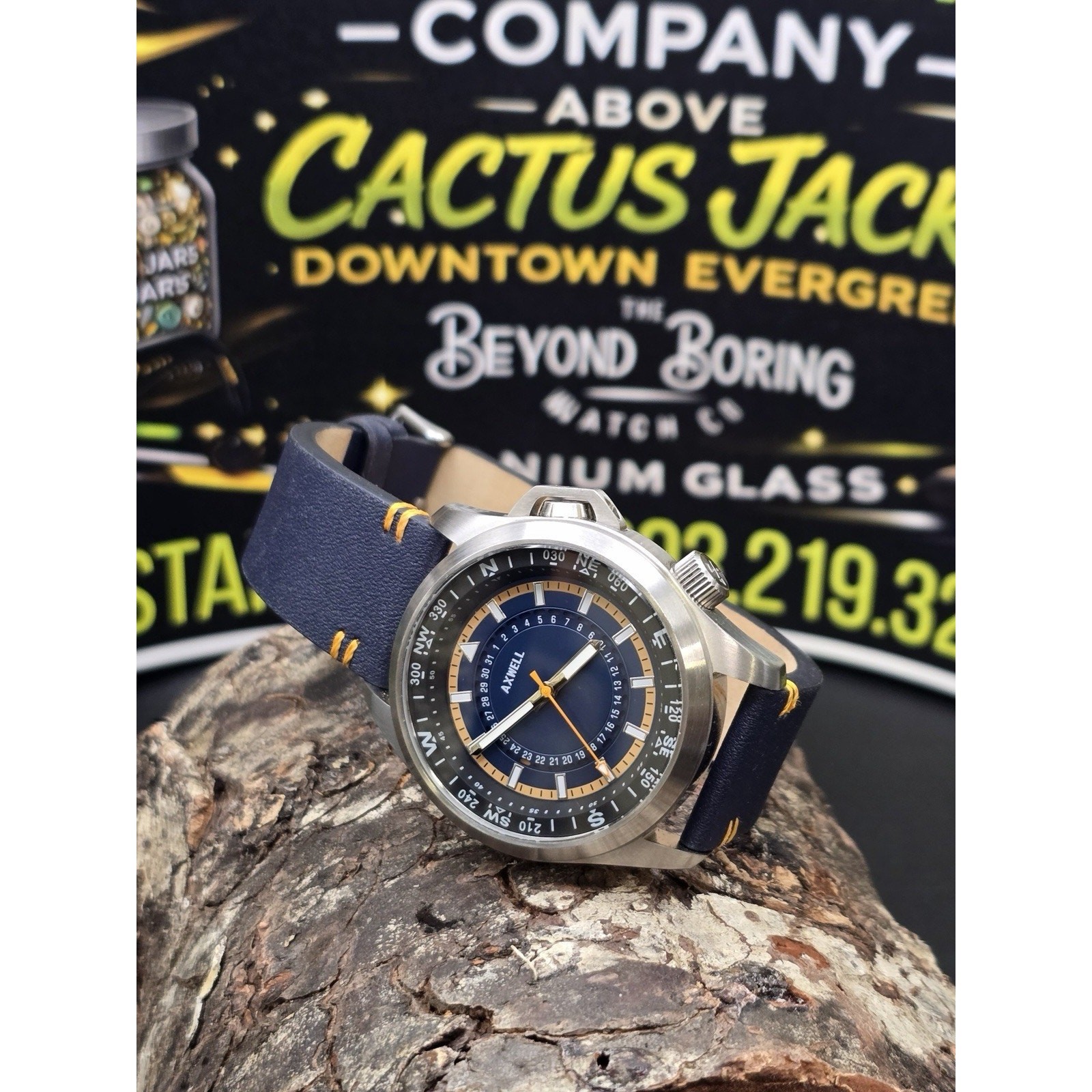Axwell Vertigo Automatic Blue Dial Watch Black Compass Bezel Date Leather Strap