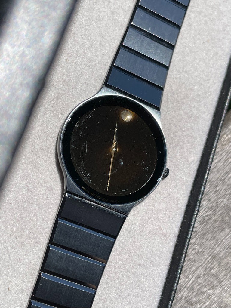 1990s Movado Museum Ultra Thin Black PVD Quartz Watch w/ Box, ref. 84-40-880-A