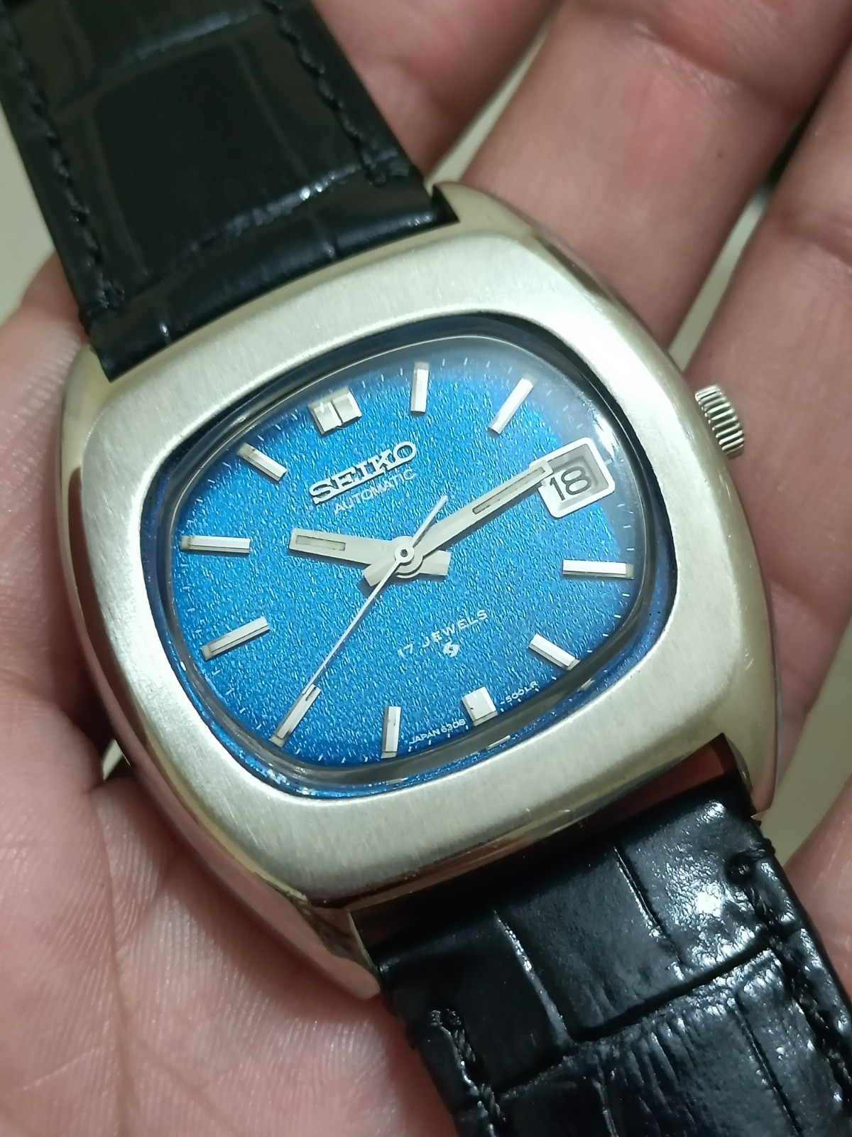Rare Seiko Automatic Blue Textured Dial Japan Men’s Dress Watch 6308-5000