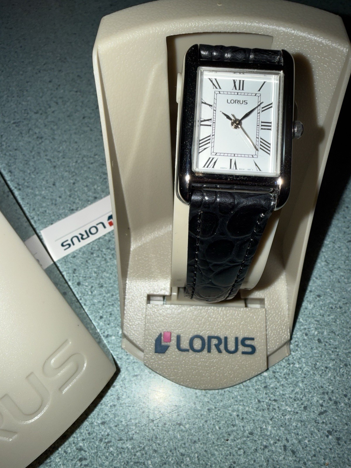 New Women’s Lorus Watch 16×21 MM Ivory Rectangle Face Black Strap W/ Gift Box