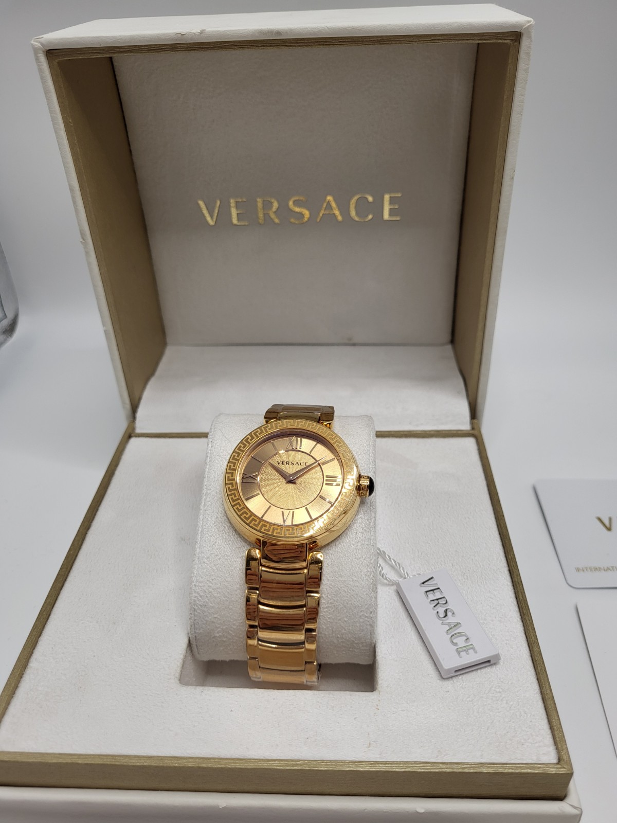 SWISS [NEW] 38mm Versace Leda Women’s Gold Guiloche Dial Roman Watch Box & Paper