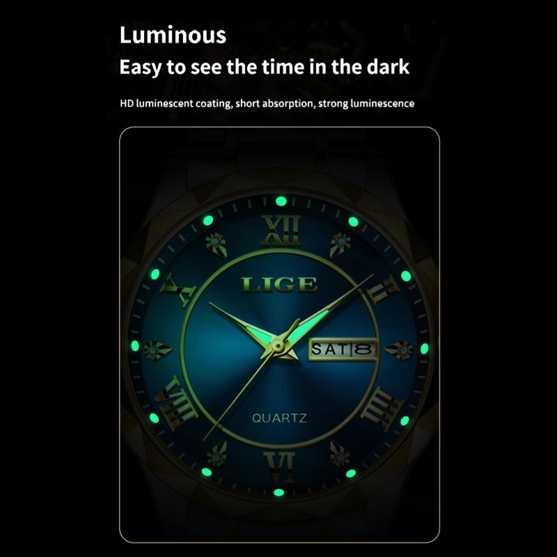 LIGE Men Watch Brand Luminous Steel Wristwatch Business Male Quartz Date Watches