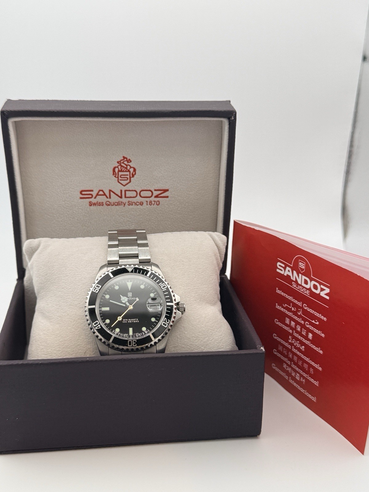 Sandoz Swiss ETA Quartz Diver 100M Sapphire Crystal Box Runs