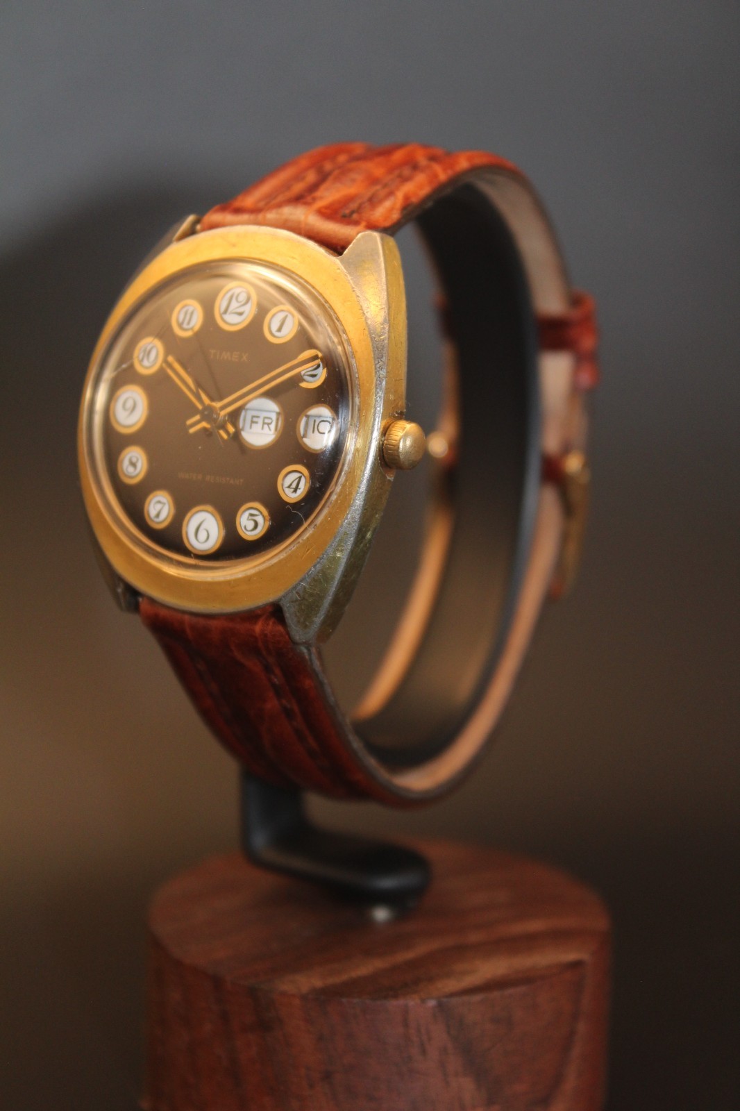 Vintage Timex Manual Wind Day-Date “Telephone Dial” Brown Dial Watch