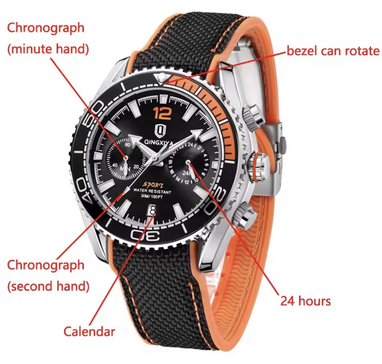 Sport Men’s Quartz Wristwatch Chronograph Rotating Bezel Date 30m
