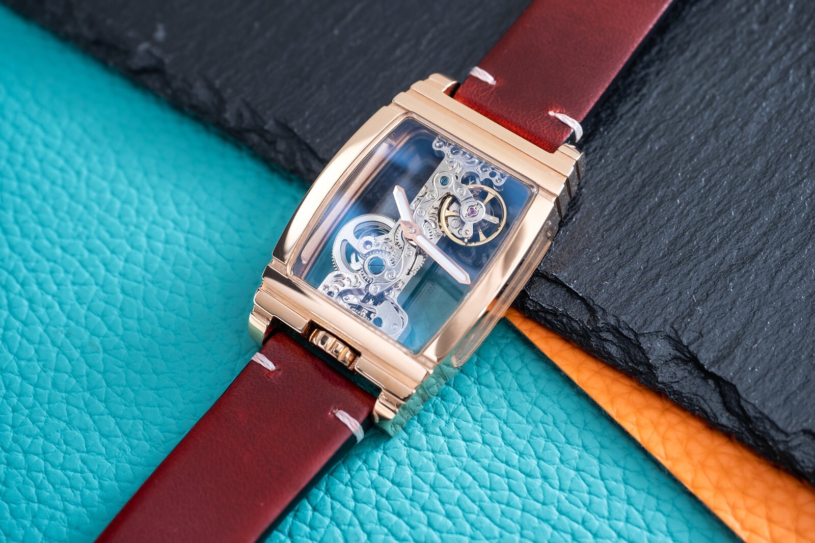 Mens Rose Gold Manual Mechanical Watch Dark Red Oil Waxed Vintage Leather Strap