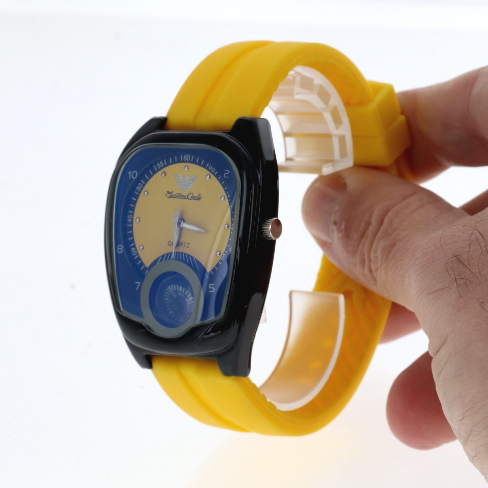 Montres Carlo Men’s Black & Yellow Silicone Band Luxury Sport Quartz Watch 39mmW