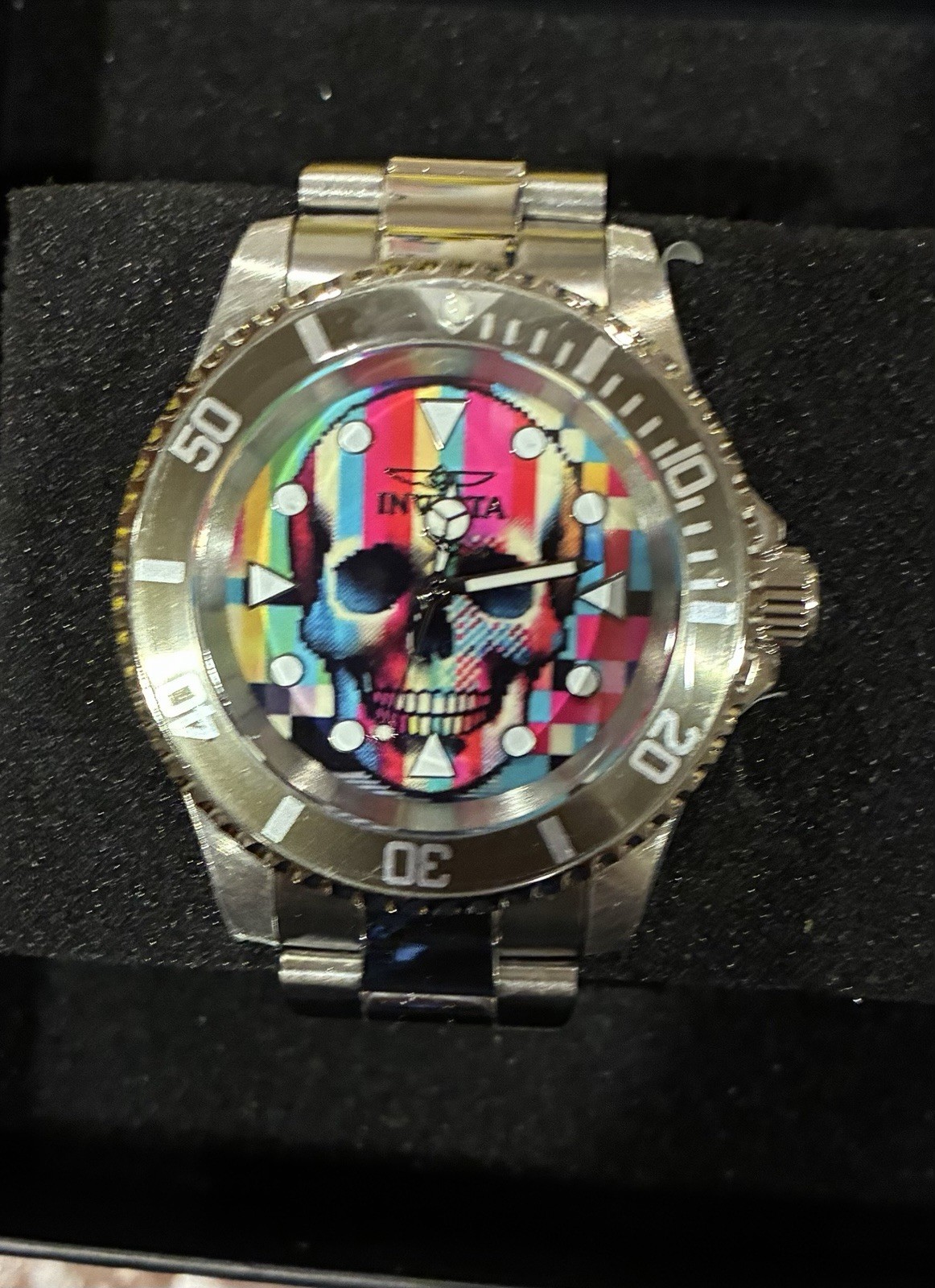 Invicta Pop Art Men’s Quartz Analog Skull Dial 40mm Silver Steel Bracelet