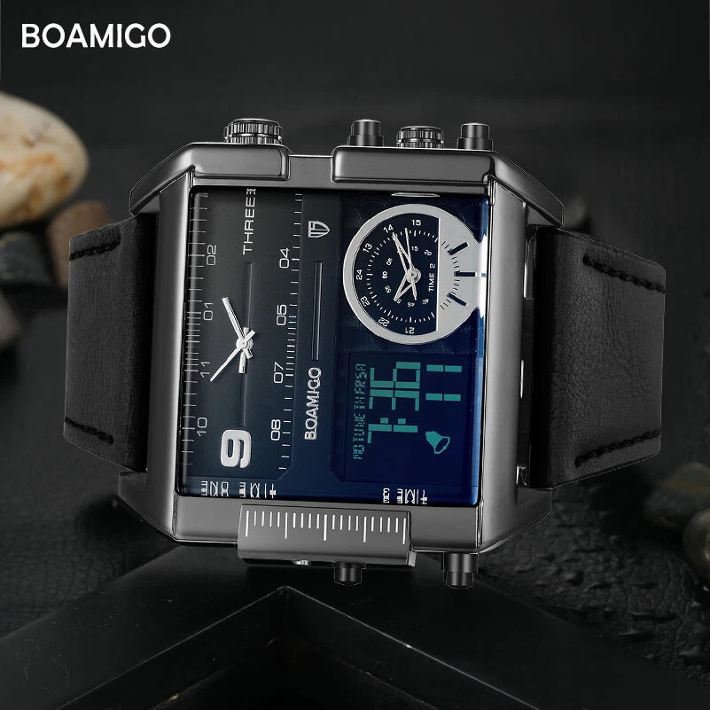BOAMIGO Big Square Dial 3 TimeZone Stylish Watch For Men