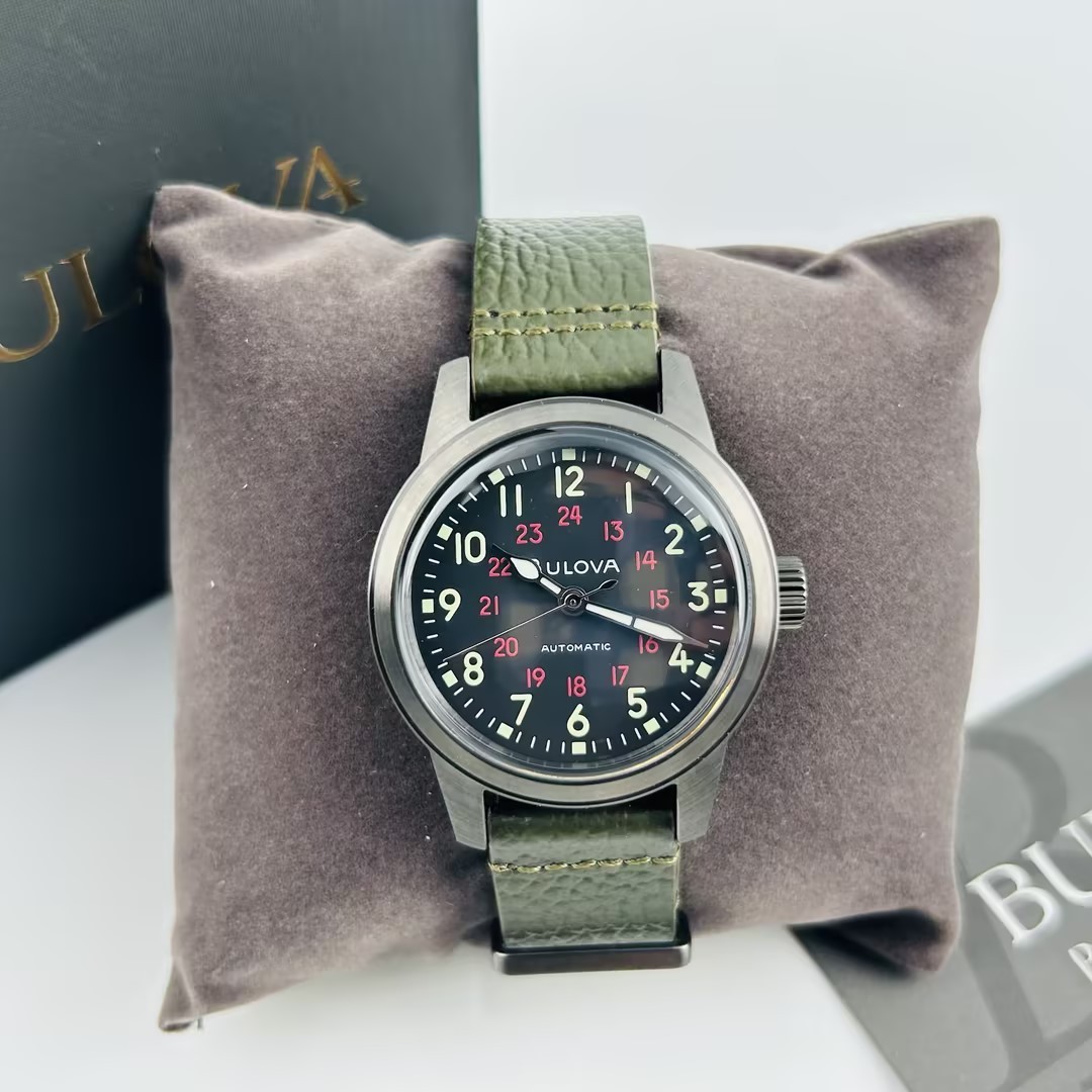 Bulova Hack 98A255 Black Dial Green Leather Strap Automatic Men’s Watch 38 mm