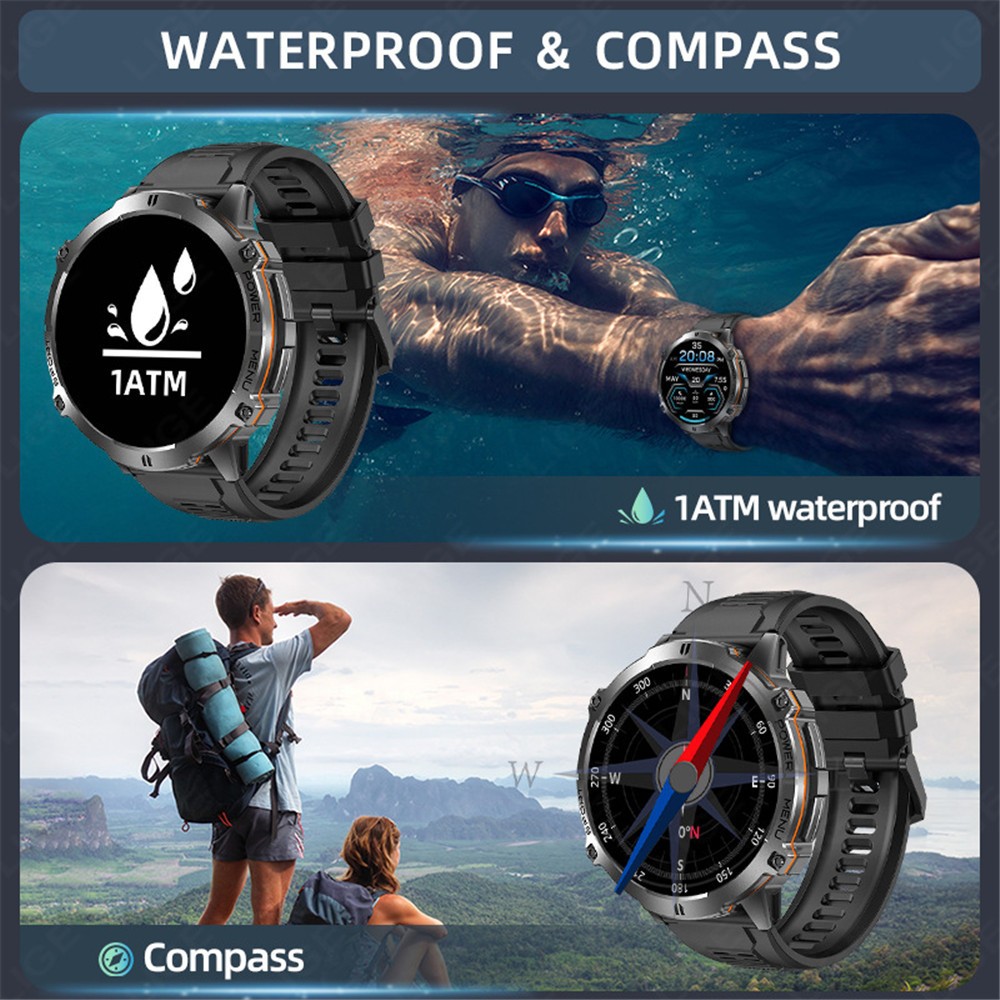 Men Smart Watch 1.73” Altitude Barometer Heart Rate Monitor Outdoor Sport Watch