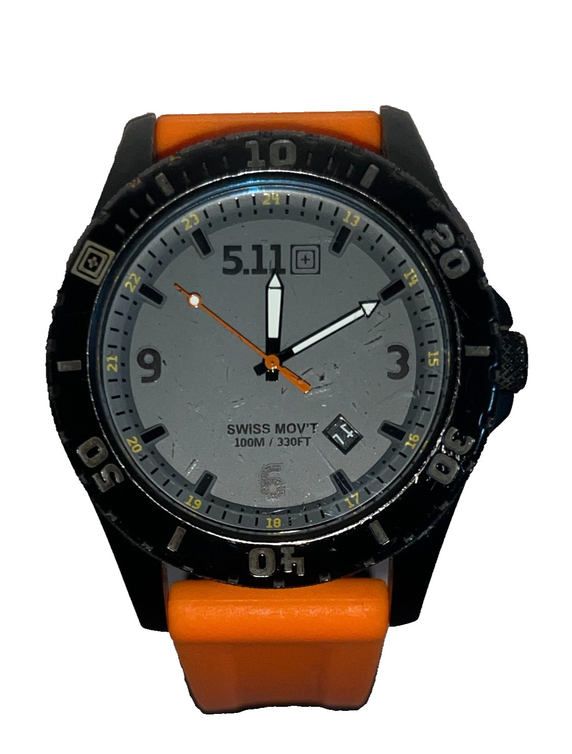 5.11 Analog Mens Sports Wristwatch Gray Dial Orange Band Stainless Steel 50133
