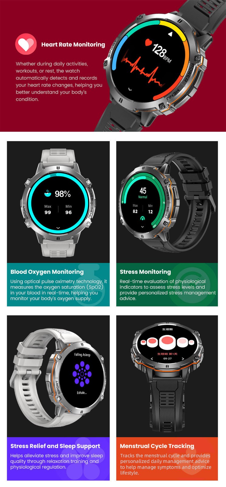 Men Smart Watch 1.73” Altitude Barometer Heart Rate Monitor Outdoor Sport Watch