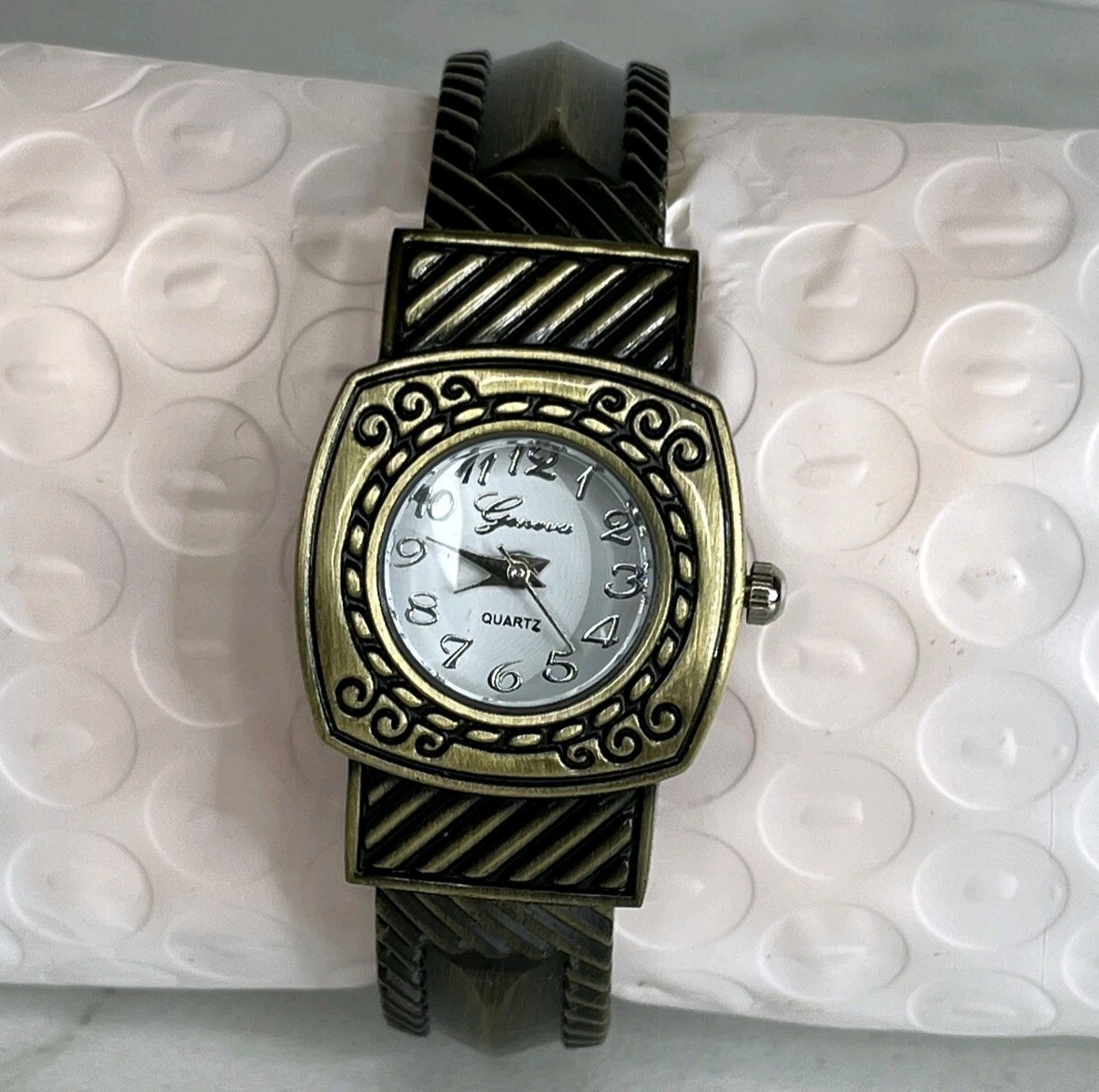 Geneva Watch Bronze Tone Carved Open Cuff Bracelet No. 2585 Stainless Steel