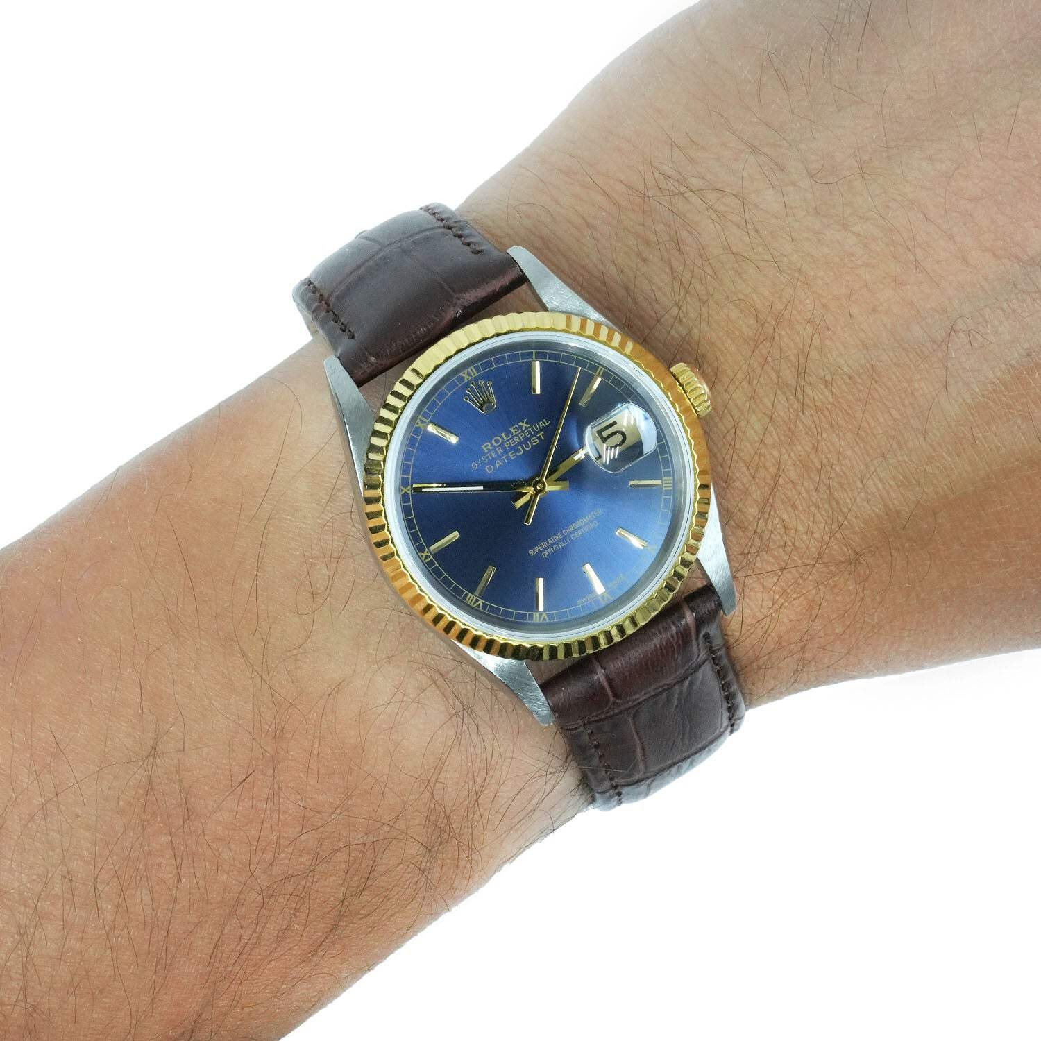 36mm Rolex Datejust 16233 18K Gold Fluted Bezel Steel Blue Dial Men’s Watch