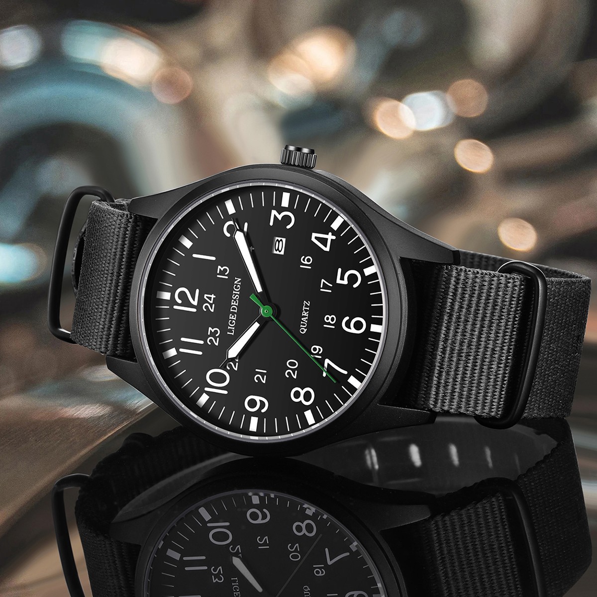 LIGE Men Watch Quartz 24Hours Nylon Band Luminous Waterproof Casual Wristwatch
