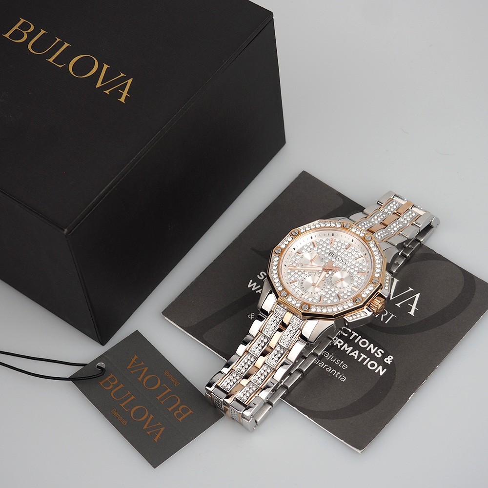 Men’s Bulova Octava Crystal Gemmed Dial Silver & Rose Gold Quartz Watch 98C133