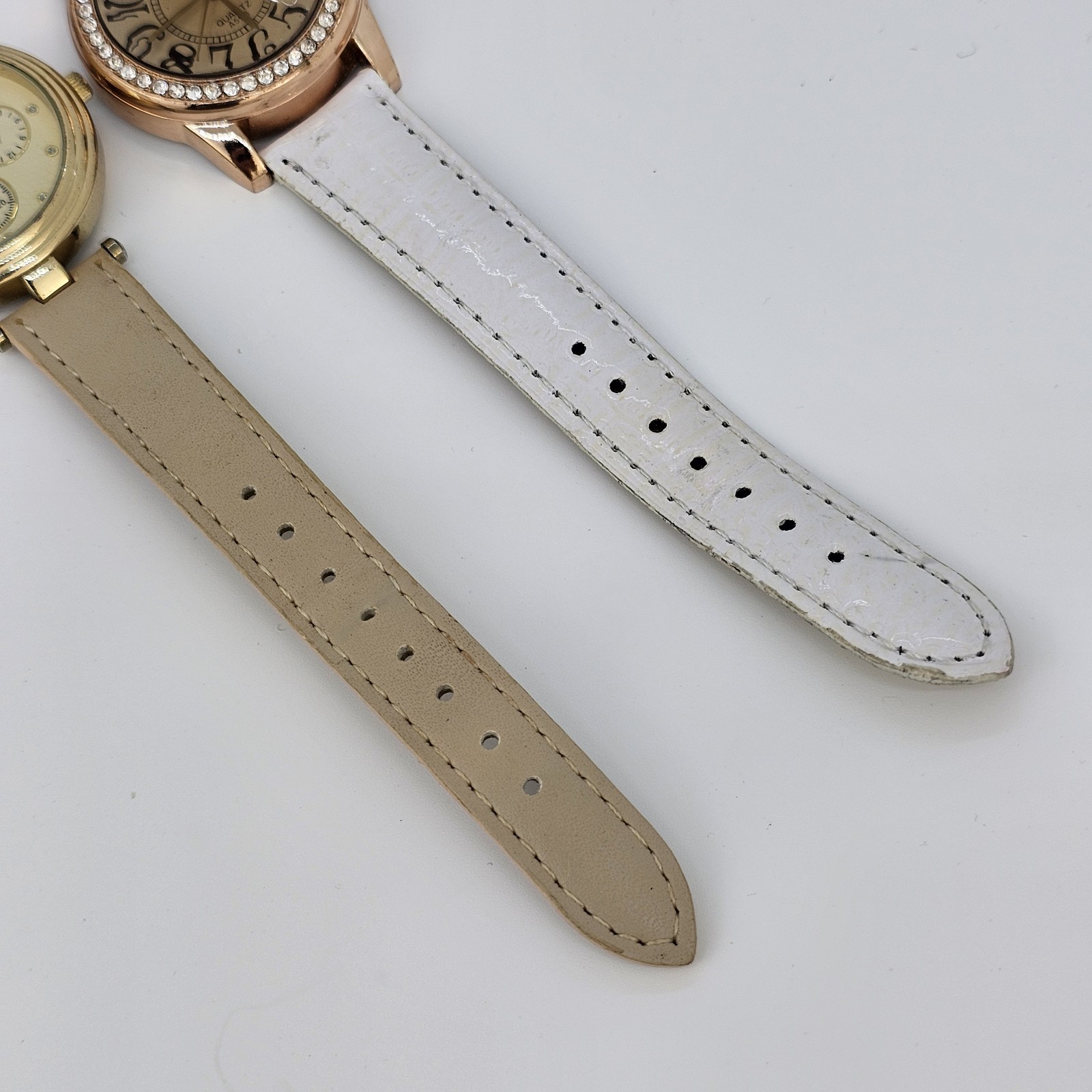 2X Women’s Watch 36-37MM Cream Brown Dial Brown White Leather Bands New Battery