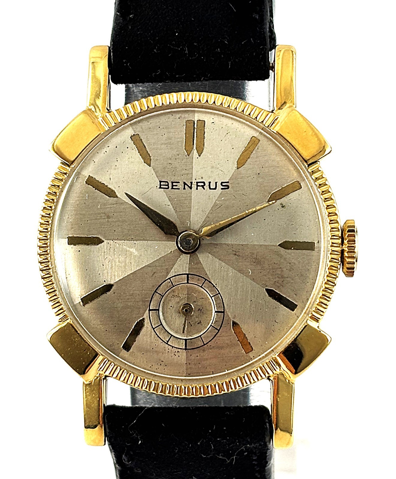 Vintage Benrus Fancy Pinwheel Dial Gold tone Mens Watch 17J BB4 1950s Serviced
